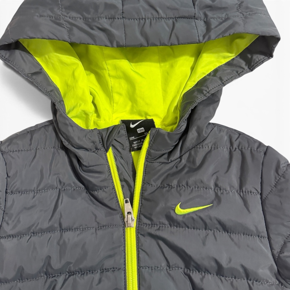 Nike Hooded Puffer Jacket in Gray and Neon Green, Size 18M
